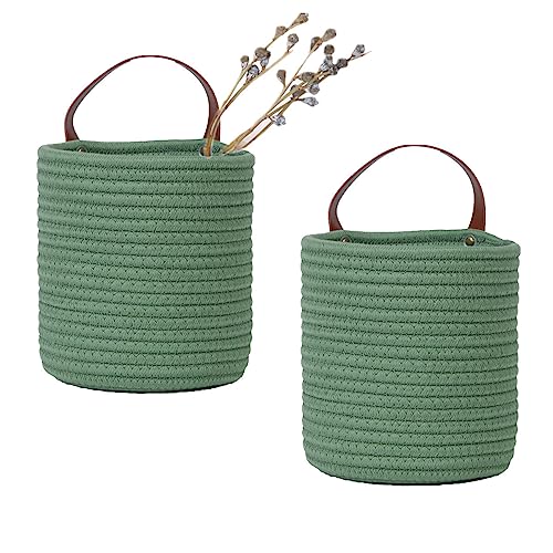 2pack Small Hanging Basket-Cotton Rope Wall Basket with Handle, Hanging Storage Baskets, Shelf Baskets Storage Bin Closet Organizer - 6.3" x 7", Woven Plant Basket (Green) - color: Green