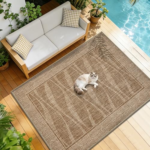Easy Jute Rug 6x9 Outdoor Patio Rug with Border, Washable Rugs for Living Room, Farmhouse Non Slip Area Rugs with Rubber Backing Indoor Outdoor, Non Shedding Carpet for Bedroom, Courtyard, Light Brown - color: Light Brown, size: 6'x9'