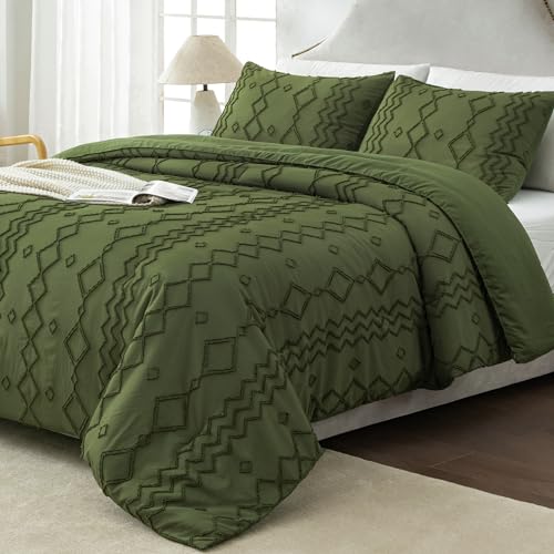 Andency Olive Green Tufted Comforter Set King(104x90Inch), 3 Pieces Boho Textured Farmhouse Bed, Soft Down Alternative Geometric Bed Set with 2 Pillowcases - color: 10 - Olive Green, size: King(104"x90")
