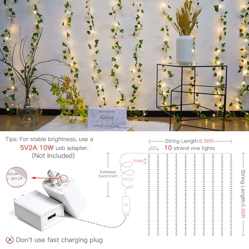 suddus Vines with Light for Bedroom, 200 LED Fairy Lights with Vines, Ivy Curtain Lights for Dorm, Wedding, Party, Wall, Indoor, Outdoor Decor, 6.5ft x 6.5ft with Remote（Warm White） - color: Ivy, size: USB-200led