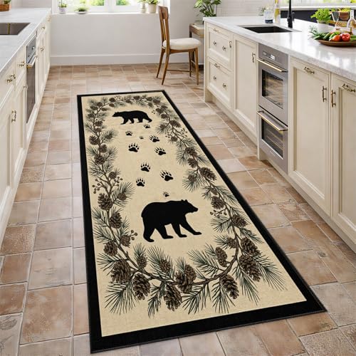 Bear Runner Rug 2x7, Pine Cones Rug for Entryway, Bear Paw Print Runner Rugs for Kitchen, Non-Slip Machine Washable Farmhouse Carpet - color: Bear, size: 2' x 7'(Runner)