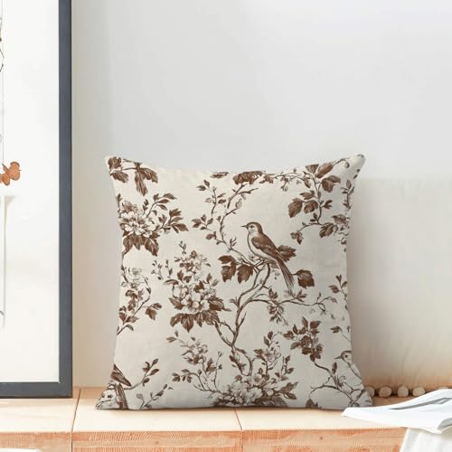 Brown Pillow Covers 18x18 Set of 2 Chinoiserie Flower Bird Throw Pillow Covers Outdoor Decor Spring Summer Vintage Floral Pillowcase Farmhouse Decorative Linen Cushion Case for Home Couch Sofa - color: A-floral Birds-brown, size: 18" x 18" (Pack of 2)