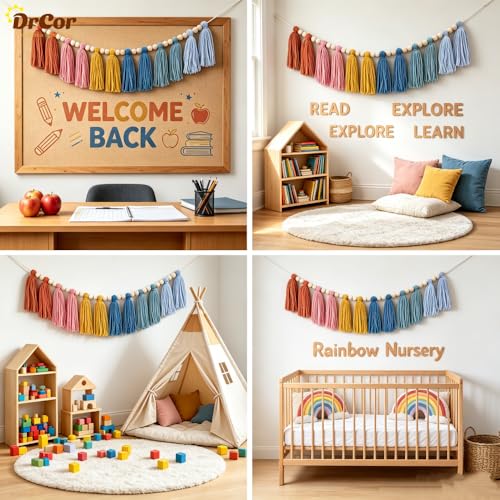 DrCor Boho Rainbow Tassel Garland – Earth Tone Classroom Decor for Bulletin Board, Reading Corner, Kids Room, Nursery, Teacher Classroom, Back to School & Birthday Decorations - color: Earth Rainbow