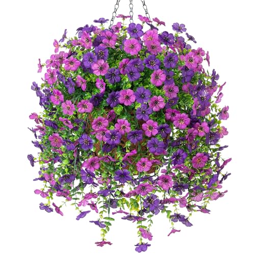 Ammyoo Artificial Fake Hanging Flowers Plants with Basket for Outdoor Spring Decoration, Faux Silk Daisy Flower Real Touch UV Resistant for Outside Porch Patio Garden Yard Home Decor(Purple Lotus) - color: Purple Deep Purple