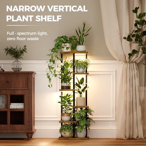 Bamworld Plant Shelf with Grow Light for Indoor Plants Corner 6 Tier Metal Plant Stand Wood Flower Stand for Home Living Room Decor Patio Decor - style: 6 Tier,Square