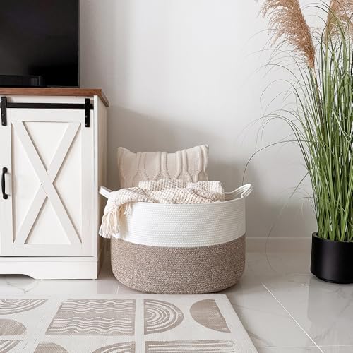 INDRESSME XXXLarge Blanket Basket for Living Room 21.7" x 21.7" x 13.8"-Storage Basket with Handle for Organizing Toy Pillows Woven Cotton Rope Laundry Basket Stuffed Animal Toy Storage for Play Room - color: White & Brown, size: 21.7"D x 13.8"H