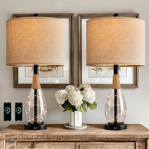 OYEARS 23" Table Lamps for Living Room Set of 2 Bedside Lamps for Night Stands Bedroom Lamps Farmhouse Rattan Boho Lamp Glass Nightlight End Table Lamp with USB C+A (Black),Two Light Points - color: Farmhouse Black