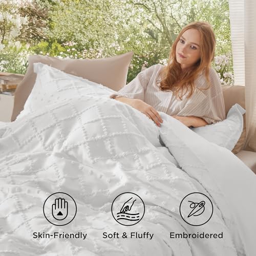 Bedsure Boho Duvet Cover King Size - Boho Bedding, Tufted King Duvet Cover for All Seasons, 3 Pieces Embroidery Distressed Vintage Home Bedding,Comforter Not Included (White, 104" x 90") - color: 01 - White (No Comforter), size: King (104" X 90")