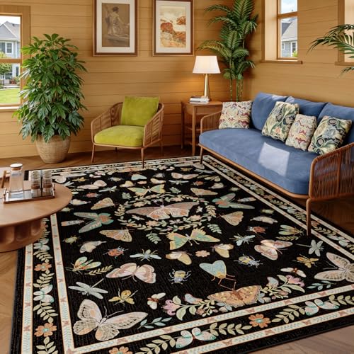 Unirea 5x7 Black Living Room Bedroom Area Rug, Large Washable Non Slip Rug for Dining Room Under Table, Kids Room, Home Office, Thin Soft Boho Stain Resistant Insect Bug Rug, Low Pile Carpet - color: Black, size: 5'x7'
