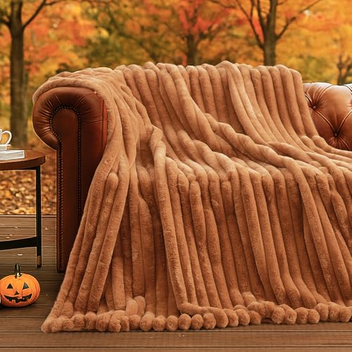 Amélie Home Faux Fur Throw Blanket for Couch, Cozy Fuzzy Fluffy Fur Luxurious Soft Striped Plush Gift Blankets for Family Sofa Chair Bedroom, 55"x70", Orange Brown - color: Striped Fall Orange Brown, size: Throw(55"x70")