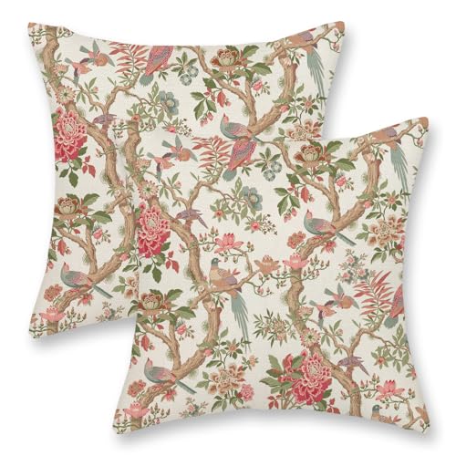 Preppy Pink Chinoiserie Pillow Covers 16x16 Inch 2 Pcs Brown Bird Floral Decor Throw Pillows Vintage Flower Spring Summer Outdoor Decoration Pillowcase Linen Cushion Cover for Couch Sofa - color: Preppy Pink Flower Birds, size: 16" x 16" (Pack of 2)