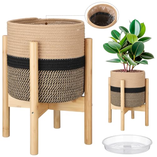 Plant Basket with Stand Indoor Planter Pot Holder Sturdy Jute Rope Modern Woven Basket, Cotton Rope Woven Pot with Bamboo Stand(10 Inch,Black and Beige Stripes) - color: Black and Beige Stripes, size: 10 Inch