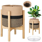 Plant Basket with Stand Indoor Planter Pot Holder Sturdy Jute Rope Modern Woven Basket, Cotton Rope Woven Pot with Bamboo Stand(10 Inch,Black and Beige Stripes) - color: Black and Beige Stripes, size: 10 Inch