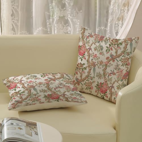 Preppy Pink Chinoiserie Pillow Covers 16x16 Inch 2 Pcs Brown Bird Floral Decor Throw Pillows Vintage Flower Spring Summer Outdoor Decoration Pillowcase Linen Cushion Cover for Couch Sofa - color: Preppy Pink Flower Birds, size: 16" x 16" (Pack of 2)