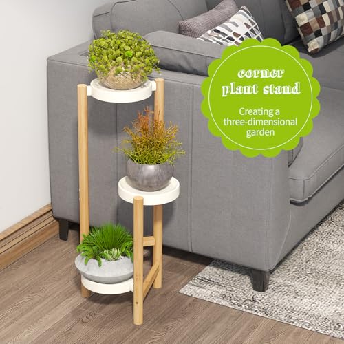 BMOSU Plant Stand For Indoor Outdoor Bamboo 3 Potted Holder Shelf Plant Rack Plants Corner Plant Shelf Plant Display Rack(White)