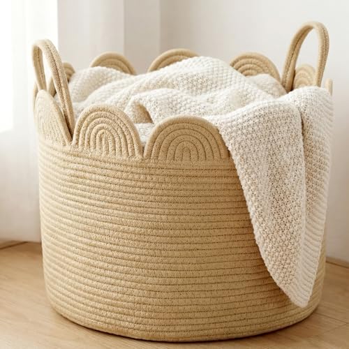 LemonRoad Brown Round Basket Large Blanket Basket 15.8" L X 15.8" W X13.8" H Scalloped Woven Baskets Cotton Storage Baskets for Nursery Classroom Closet Blankets Storage Home Decor - color: Brown, size: 15.8" L X 15.8" W X13.8" H