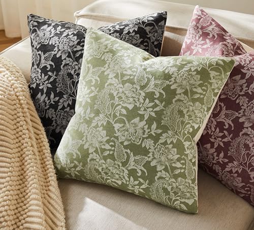 Floral Jacquard Throw Pillow Covers Set of 2, Background/Green 24x24 Inch, Farmhouse Decorative Cotton Sage Green Cushion Covers for Sofa Bed Living Room Home Decor - color: Background/Green, size: 24" x 24" (Pack of 2)