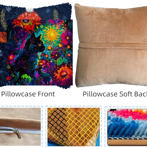 A Black Cat in Abstract Flowers DIY Latch Hook Pillow Kits for Adults Printed Pillowcase Crochet Yarns Hooking Handmade Pillow Cover Cushion for Home Sofa Decoration 17x17inch - color: 02-Black Cat