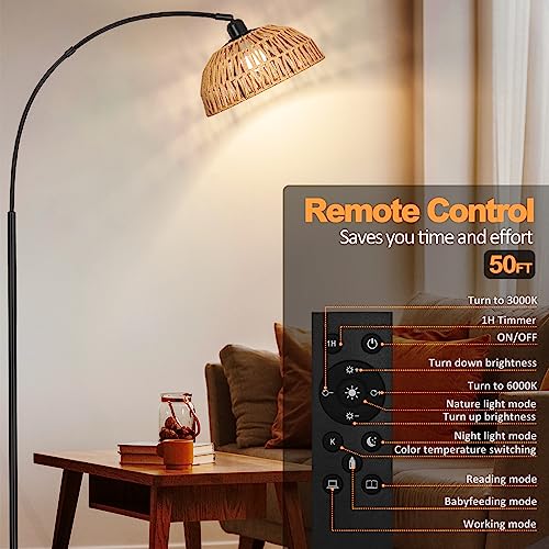 Rattan Floor Lamp- Modern Black Standing Floor Lamps with Remote Control and Stepless Dimmable Bulb, Hand-Worked Adjustable Rattan Lamp Shades Bohemian Floor Lamps for Living Room, Bedroom, Office - style: Black Rattan Arc Floor Lamp