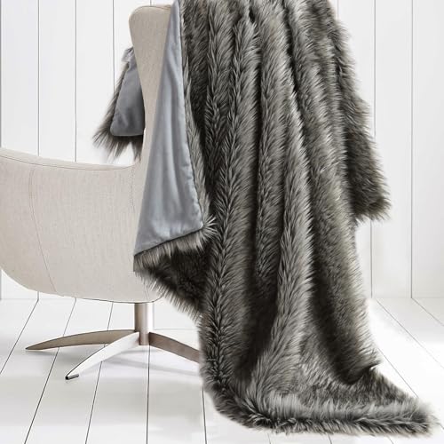 HORIMOTE HOME Luxury Plush Faux Fur Throw Blanket, Long Pile Grey with Black Tipped Blanket, Super Warm, Fuzzy, Elegant, Fluffy Decoration Blanket for Couch, Armchair, Sofa and Bed, 60''x 80'' - color: Chinchilla, size: 60″×80″