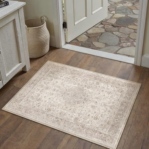 PureCozy Beige Area Rug 2x3 Washable Vintage Entryway Carpet Low Pile Non Slip Distressed Door Mat Soft Traditional Retro Oriental Small Accent Throw Rug for Kitchen Bedroom Office Bathroom Laundry - color: Antique | Beige, size: 2' x 3' (Rectangular)