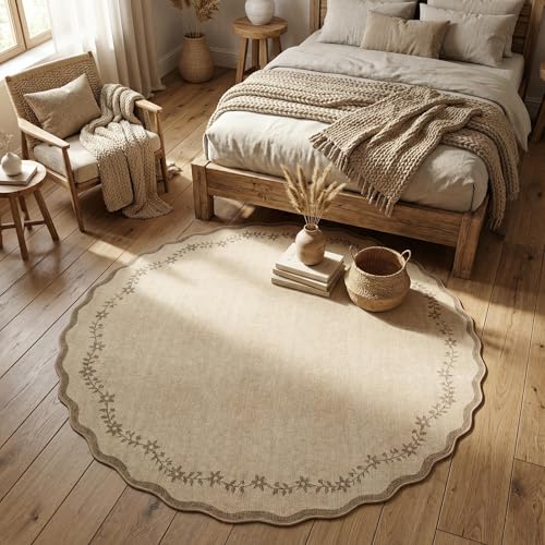 GarveeHome Round Area Rugs 5ft for Bedroom, Solid Jute Washable Circle Rug Soft Non Slip Floral Print Floor Mat Tan Carpet Indoor Thin Rug for Kids Room Dining Room Playroom Nursery - color: Jute, size: 5' (Round)
