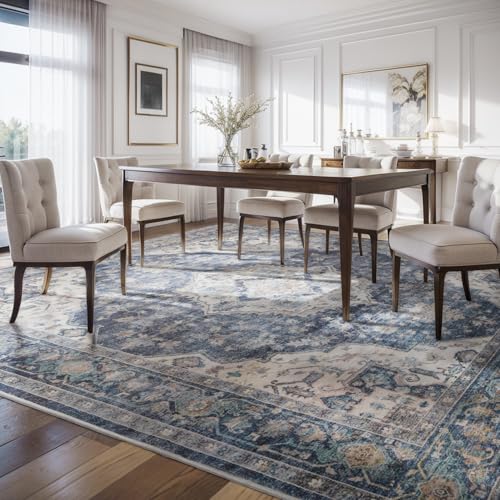 AMOAMI-Area Rug 9X12 Rugs for Living Room-Vintage Soft Blue Rugs for Bedroom-Non Slip Carpet-Washable Rug for Dining Room Living Room Bedroom Office Under Table - color: Blue, size: 9' x 12' (Rectangular)
