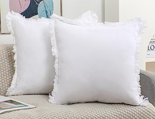 NUYECY Set of 2 Natural Linen Fringed Throw Pillow Covers,White Neutral Decorative Pillowcase with Chic Tassel Burlap Boho Square Cushion Covers for Couch Sofa Farmhouse,18x18 inches - color: White, size: 18" x 18" (Pack of 2)
