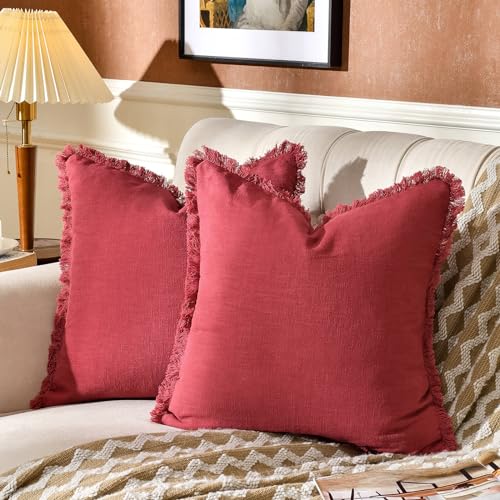 AmHoo Pack of 2 Linen Pillow Covers with Tassels Fringed Decorative Rustic Natural Throw Pillowcase Cushion for Couch Sofa Bedroom 18 x 18-Inch Jester Red - color: Jester Red, size: 18" x 18" (Pack of 2)
