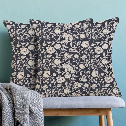 Navy Blue Floral Throw Pillow Covers 18x18 Set of 2, Flower Print Linen Decorative Pillow Covers Neutral Vintage Decoration Outdoor Cushion Cover Floral Pillowcase for Sofa Couch Farmhouse - color: Print Navy Blue, size: 18" x 18" (Pack of 2)