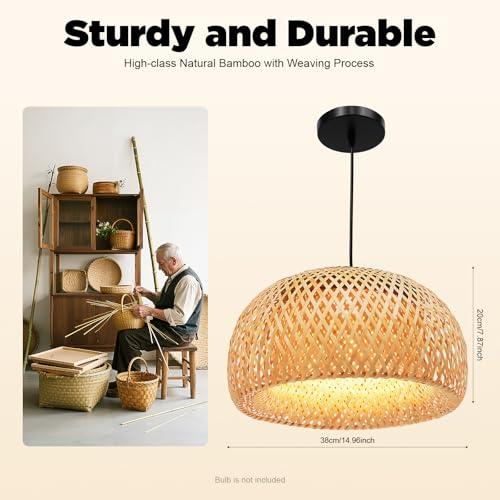 TFCFL 15Inch Bamboo Chandelier, Rattan Pendant Lamp Shade Ceiling Lighting Weave Bamboo Rattan E26 Hanging Light Fixture Hollow Lampshade Pendant Light for Dining Room (Bulbs Not Included) - size: 15 Inch