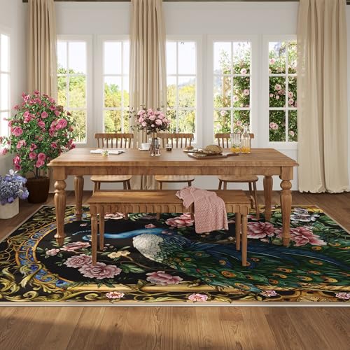 Area Rugs 8x10 Rug for Living Room Clearance Washable Floral Peacock Non Slip Vintage Low Pile Large Rug for Living Room, Bedroom, Farmhouse, Dining Room, Kids Playroom(Black)