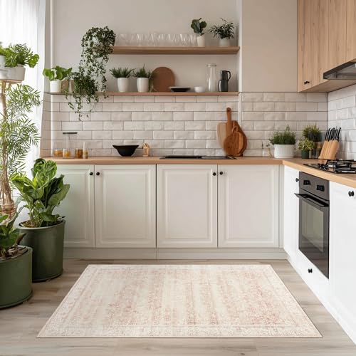 BILEEHOME Vintage Pink Rug 3x5 Washable Non Slip Floral Aesthetic Indoor Rugs for Entryway Kitchen Low Pile Carpet for Laundry Room Bathroom Front Door Mat for Entrance 3 x 5 - color: Pink, size: 3' x 5' (Rectangular)
