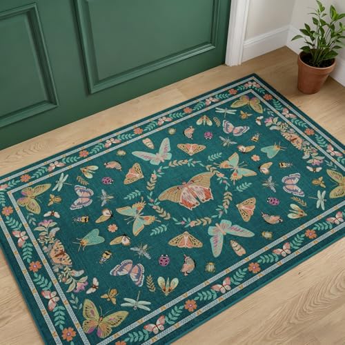 Unirea 2x3 Small Dark Blue Washable Area Rug, Door Mat Indoor Entrance Insect Rug, Non Slip Thin Area Rugs, Soft Boho Bug Entryway Rug for Kitchen, Bathroom, Bedroom, Laundry Room, Low Pile Carpet - color: Dark Blue, size: 2'x3'