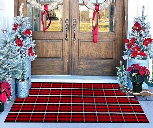 Christmas Outdoor Rugs 24 x 51''Black Red Buffalo Plaid Front Porch Rug Hand-Woven Machine Washable Indoor/Outdoor Layered Door Mats for Entryway/Bedroom/Outdoor - color: Black Red, size: 24''x 51''