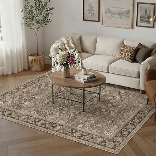 HUGEAR 5x7 Machine Washable Rugs Brown Hallway Area Rug Indoor Accent Rug Floral Mid Pile Carpet Soft Thicker Throw Aesthetic Rug Bedroom Living Room Office Dining Kitchen Laundry Non Slip - color: Floral | Brown, size: 5' x 7' (Thicker)