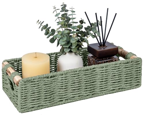CubesLand Back of Toilet Storage Basket for Organizing w/Cut Out Handle, Handwoven Toilet Tank Top Paper Baskets, Small Wicker Decorative Basket for Countertop, Home, Living Room, Nursery, Green - color: Green, size: S-12.99" (L) X 6.29" (W) X 3.15" (H)