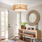 25.6" Rattan Chandelier, 6-Light Large Rattan Pendant Light with Fabric Lampshade, Farmhouse Boho Light Fixture Ceiling Hanging for Dining Room, Living Room, Bedroom, Kitchen Island, Hallway, Foyer - size: 25.6" Straight weaving