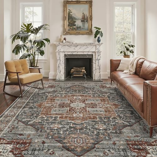 Roxstand 5x7 Area Rugs, Stain Resistant Machine Washable Area Rugs with Non-Slip Backing, Vintage Rugs for Bedroom, Living Room, Large Soft Low Pile Area Rug (Grey/Brown/Tan, 5'x7') - color: Grey/Brown/Tan, size: 5' x 7' (Rectangular)