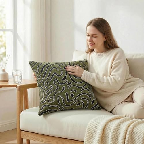 Mantle & Mason Throw Pillow Covers 18x18 Chenille Pillow Covers Set of 2, Olive Green Modern Abstract Luxury Textured Decorative Pillow Cover for Couch Sofa Bed Living Room - color: Artflow Forest Green, size: 18" x 18" (Pack of 2)
