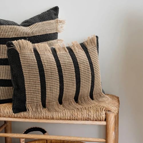 MOCOFO Handwoven Jute Cotton Striped Pillow Covers, Wabi Sabi Boho Farmhouse Decorative Throw Cushion Cover with Fringe(Cover Only) (Black/Natural, 12x20) - color: Black/Natural, size: 20" x 12" (Pack of 1)
