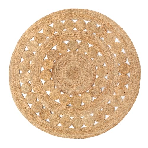 Hand Woven Jute Area Rug - 5' Round - Rustic Beige Reversible Farmhouse Rugs for Bedroom, Kitchen, Living Room - Vintage Natural Braided Entry Floor Décor Circle Boho 5 Foot Round Rug - color: Natural, size: 5' (Round)