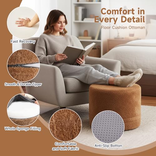 Tiita Pouf Ottoman and Foot Rest, Round Foam Stuffed Floor Pouf with Storag for Living Room, Brown - color: Round Brown