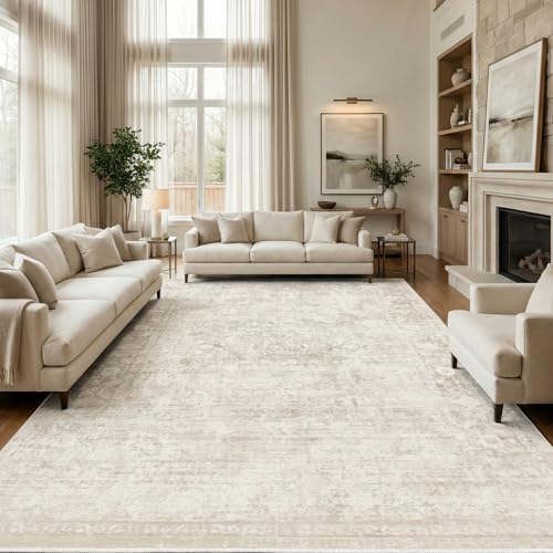 Homemate Washable Rug 9x12 Area Rugs - Vintage Faux Wool Rugs for Living Room Bedroom Dining Room - Non Slip Foldable Carpet Indoor Area Rug for Home Decor（9'x12', Beige - color: Beige, size: 9x12 ft