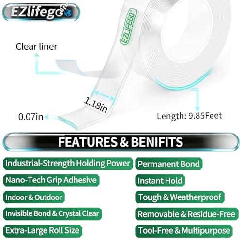 EZlifego Double Sided Tape Heavy Duty, Nano Double Sided Adhesive Tape, Clear Mounting Tape Picture Hanging Adhesive Strips (9.85FT) - size: 9.85 Feet
