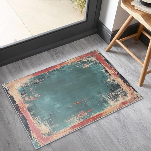 Area Rug 3x5, Vintage Distressed Rug, Worn Antique Carpet, Washable Abstract Faded Rugs for Living Room, Bedroom, Dining Room, Office, Non-Slip, Pet-Friendly, 3 x 5 ft - color: Teal and Rust, size: 3 x 5 ft
