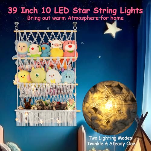 3 Tier Stuffed Animal Storage Shelf Net, 24x39 Inch Large Plushie Net w/LED Light & Clips for Mini Medium Stuffy Teddy, Beige Boho Macrame Wall Toy Holder Display for Nursery Kids Girls Boys - color: Beige, size: Large-3 Tier-24x39 Inch