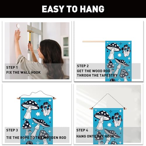 PLIGREAT 2 Pack Vertical Mushroom Wall Hanging, Pink and Blue Mushroom Wall Tapestry Aesthetic Mushroom Tapestry with Tassle Cute Narrow Art Tapestry for Bedroom Living Room Home Decor, 52" x 13" - color: blue,pink