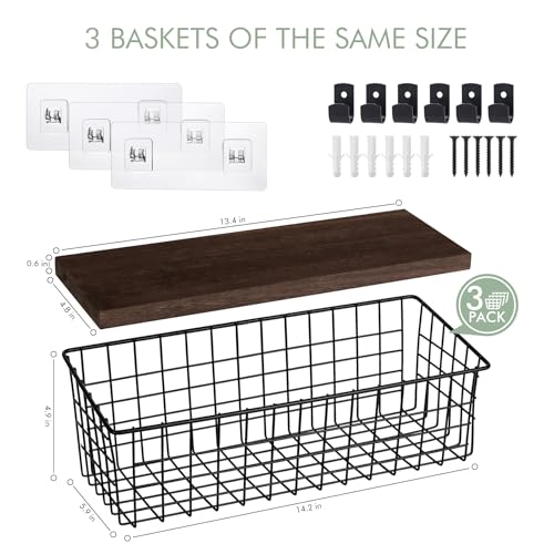 Wall Hanging Baskets 3 Pack, Diversified Wire Basket Shelves of Wooden Style, with Wall Mounted Hooks & Traceless Stickers, for Kitchen Coffee Bar Office Room Garage Storage Organization (Extra Large) - size: Extra Large
