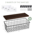 Wall Hanging Baskets 3 Pack, Diversified Wire Basket Shelves of Wooden Style, with Wall Mounted Hooks & Traceless Stickers, for Kitchen Coffee Bar Office Room Garage Storage Organization (Extra Large) - size: Extra Large